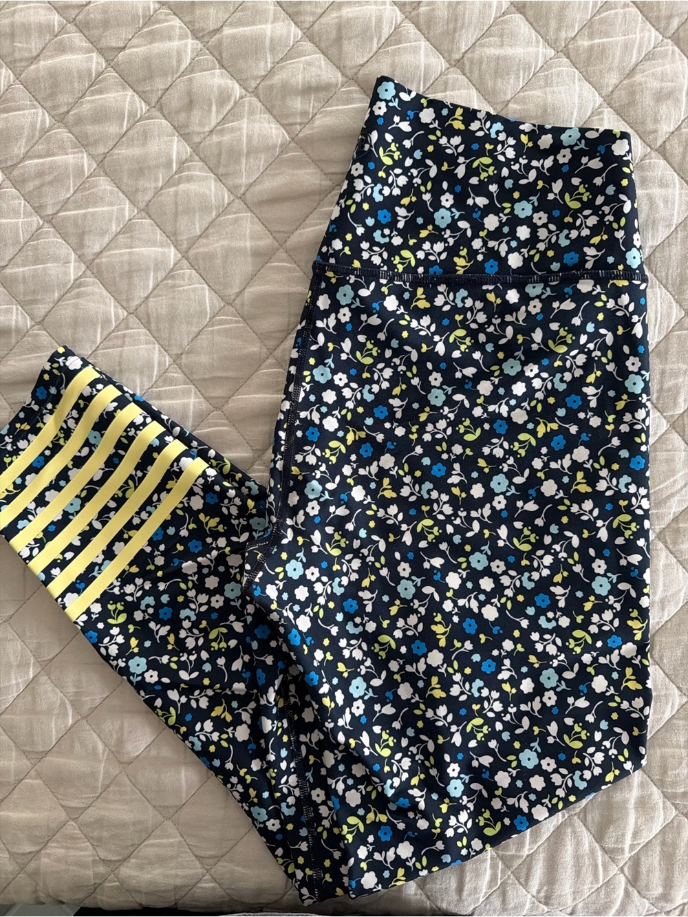 Women’s Addison Bay Navy Floral Pajama Leggings with Yellow Stripe Cuff